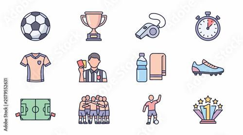 Photography Soccer players compete in a stadium with a trophy and sports equipment
