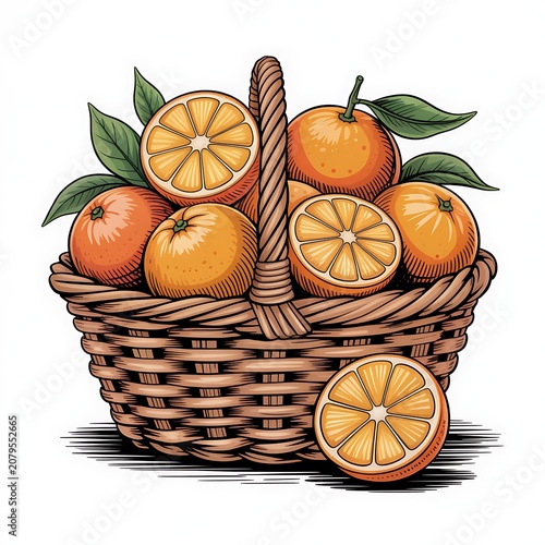 Illustration of a woven basket overflowing with ripe oranges and sliced citrus fruits