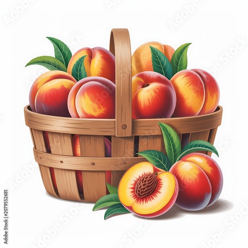Freshly picked ripe peaches overflowing from a rustic woven wooden basket with green leaves