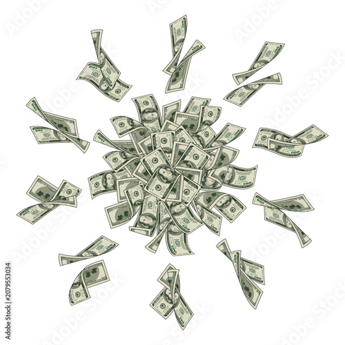 Money dollar circular composition like ball, sphere. Burst, explosion with pile of flying apart 100 dollar notes, banknotes. Design element on transparent background