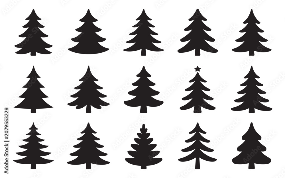 Obraz premium Collection Of Christmas Tree Silhouettes On White Background