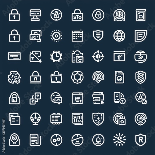 Set of various security and business line icons on dark background
