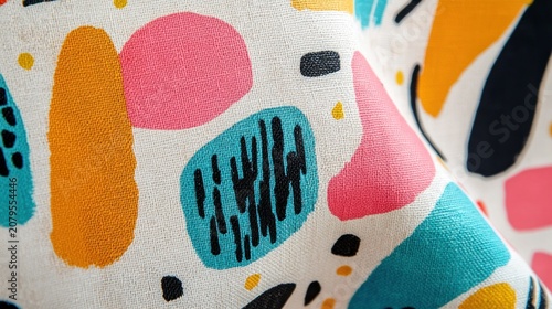 Abstract Colorful Fabric Texture: A Close-Up View of a Vibrant Textile with Geometric and Organic Shapes