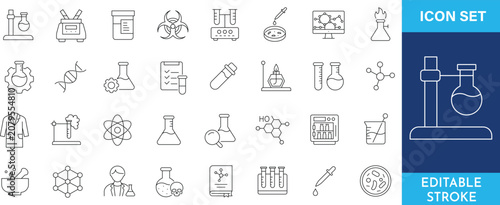 Laboratory science and medical research icons set.
