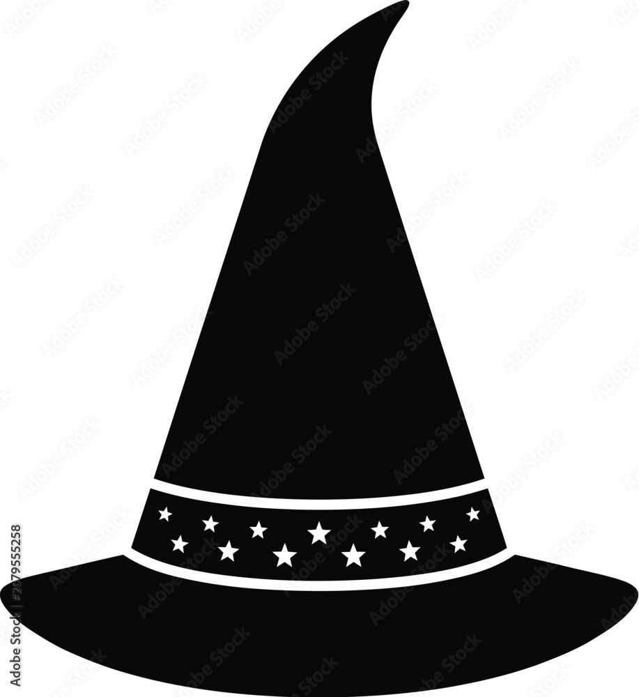 Fototapeta premium A minimalist flat black witch hat icon featuring white stars on band