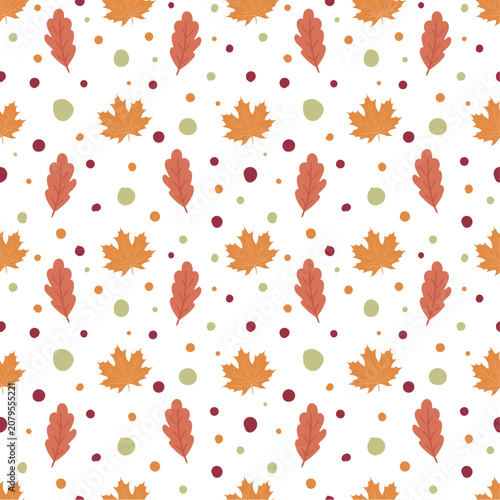 Autumn leaves seamless pattern with maple and oak foliage, forest mushrooms and abstract polka dot confetti. Vector repeatable background.