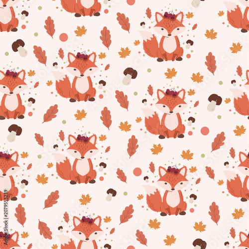 Cute autumn seamless pattern with little foxes, colorful leaves, mushrooms and berries on light background. Vector repeatable background for kids.