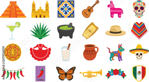 Bild auf Leinwand Mexican Culture and Cinco De Mayo Celebration Flat Icon Set Featuring Aztec Pyra