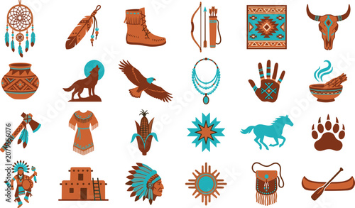 Fotografie Native American Culture and Indigenous Heritage Icon Set Featuring Dreamcatcher