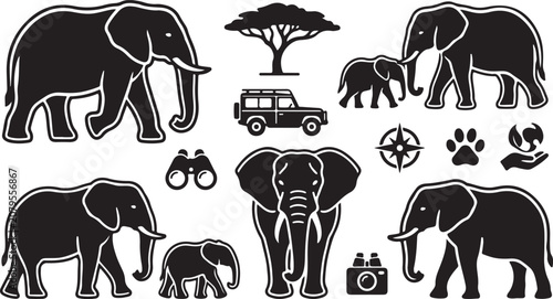 Photography Set of black elephant silhouettes with safari icons and african wildlife element