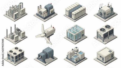 Schilderij op canvas Isometric Industrial Buildings and Factories Collection.