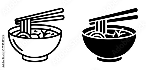 Noodle Bowl Icons, Asian Food Vector Graphics, Chopsticks Meal Illustration, Simple Line Art and Silhouette