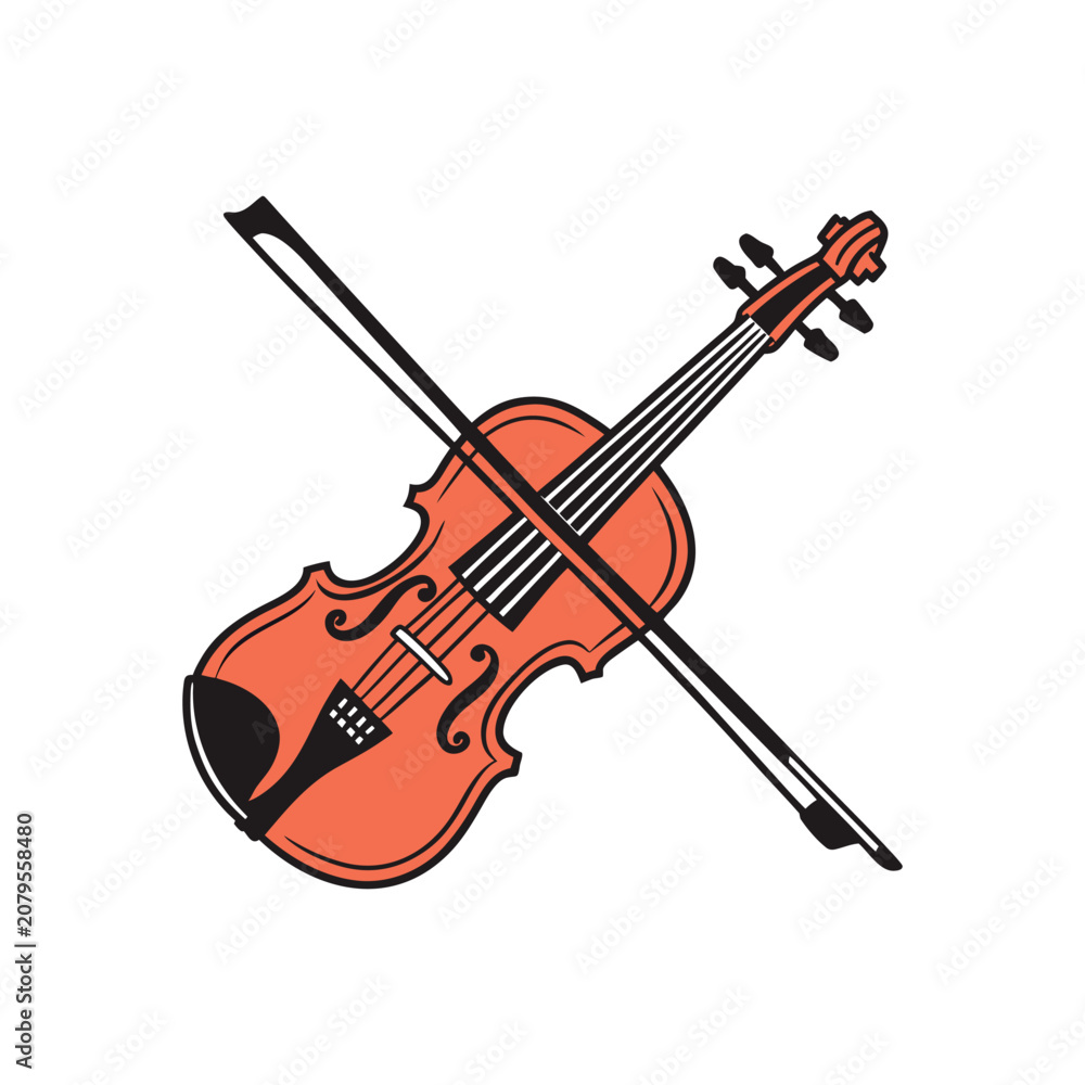 Fototapeta premium Vintage Violin with Bow Flat Vector Illustration, Classical String Musical Instrument Icon, Elegant Orchestra Music Design