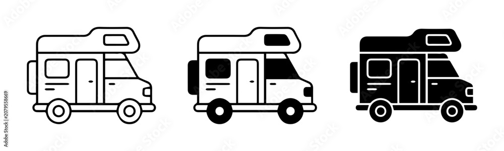 Fototapeta premium RV Camper Van Icons, Motorhome Vehicle Set, Travel Trailer Graphics