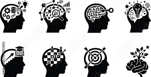 Cognitive development and intellectual processes vector icon set featuring brain, learning, and strategic thinking concepts