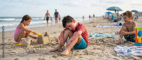 Overheated young boy sitting on the sand while other children play at the beach. Tired child suffering from heat exhaustion during summer vacation. Extreme heat and sun safety concept