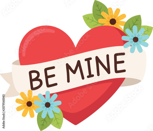 Red heart with be mine banner and floral accents.eps