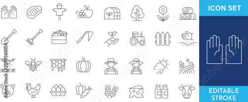 Bilde på lerret Agriculture and farming icon set with outline style editable stroke icons for gardening and ranching