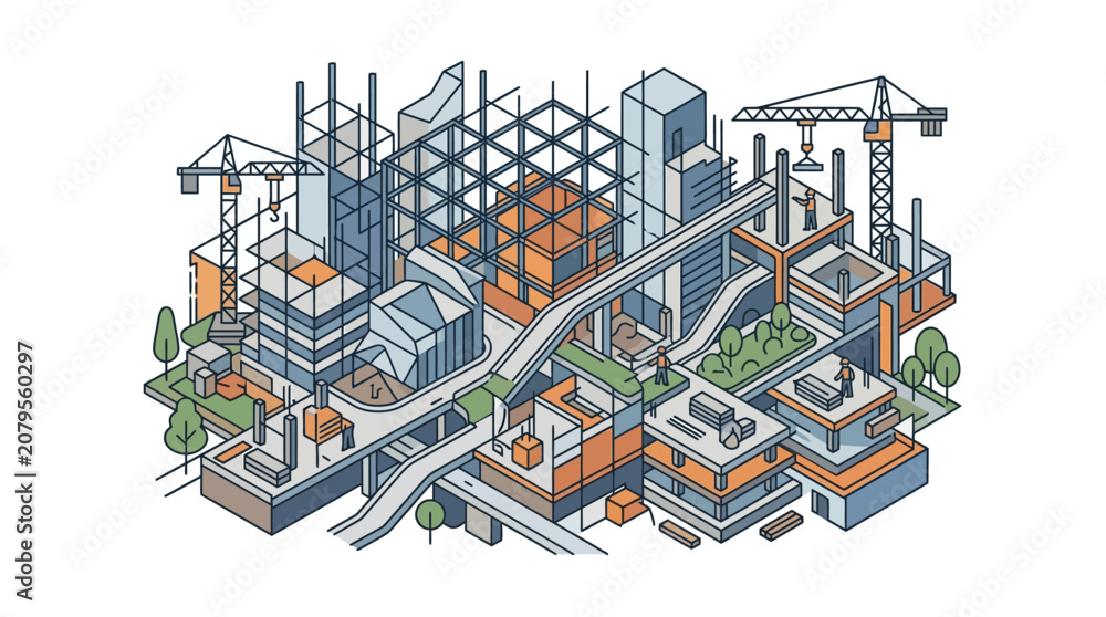 Fototapeta premium Construction workers build a new industrial city with cranes and buildings