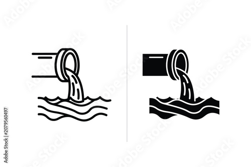 Fotografija Pipe discharging liquid into water, line and solid vector illustration