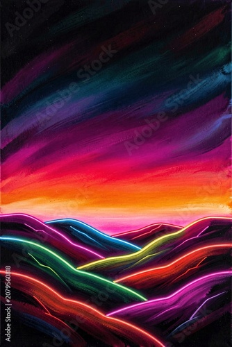 Neon Gradient Sky Over Hills Wall Art, Vibrant Glowing Neon Style - Printable Cyberpunk Print for Modern Home Decor