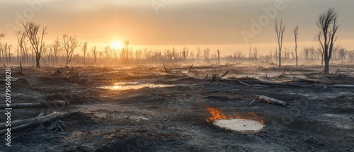 Charred forest at sunset aftermath of environmental disaster