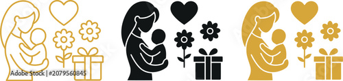 Mother and baby icon set with gift box, heart and flower