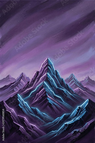 Neon Mountains At Night Wall Art, Moody Sci Fi Concept Art Style - Printable Cyberpunk Print for Modern Home Decor