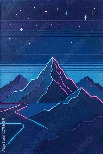 Neon Mountains At Night Wall Art, Synthwave Retro Futurism Style - Printable Cyberpunk Print for Modern Home Decor
