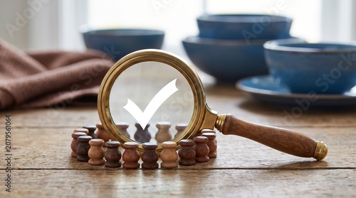 Magnifying glass with a checkmark symbol focusing on a group of diverse wooden figures for recruitment and selection concept
