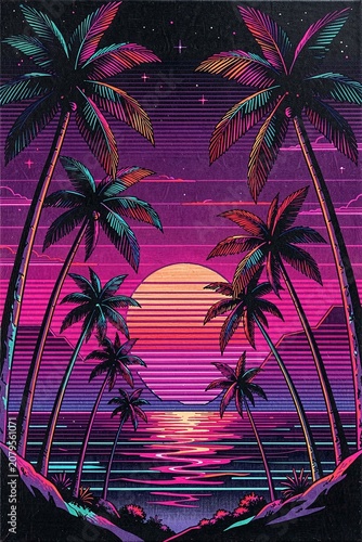 Synthwave Sunset With Palm T Wall Art, Vaporwave Aesthetic Style - Printable Cyberpunk Print for Modern Home Decor