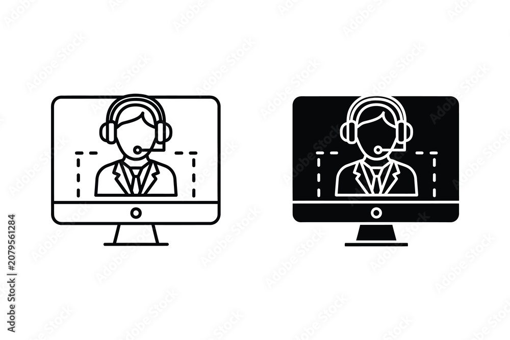 Fototapeta premium Customer service operator with headset on computer screen, flat vector illustration