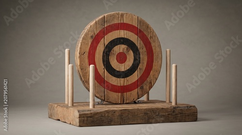 Vintage Handcrafted Wooden Archery Target with Red and Black Bullseye Rings on a Rustic Timber Stand