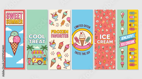 Retro ice cream vertical banners set, vintage frozen dessert advertising posters, colorful summer treats and popsicle illustrations for social media