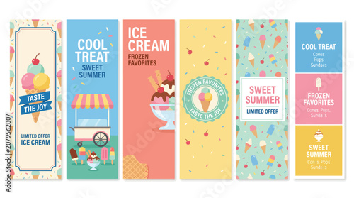 Retro ice cream banner set, vintage summer dessert posters with 6 vertical layouts, colorful frozen treat advertisements for parlor and cafe marketing