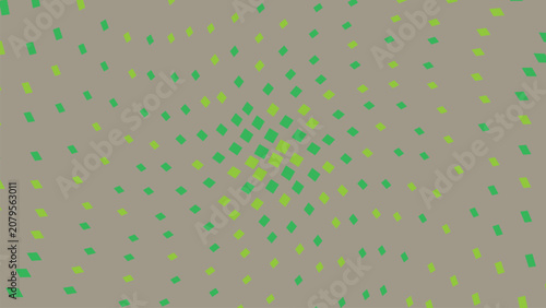Bild auf Leinwand Vibrant halftone pattern with scattered green diamond shapes on muted taupe background creating dynamic motion and digital texture effect