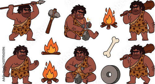Konstfotografi Stone Age caveman cartoon vector character set featuring primitive prehistoric hunters throwing spear making fire using flint tools holding club stone wheel and bone