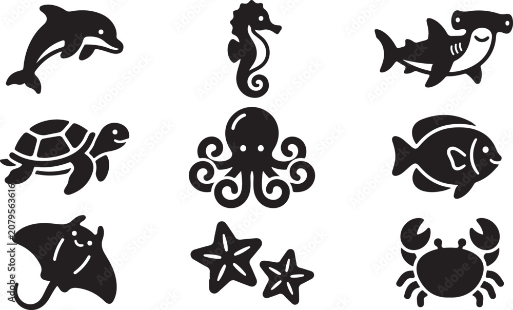 Obraz premium Set of cute sea animals and fish icons in black silhouette style