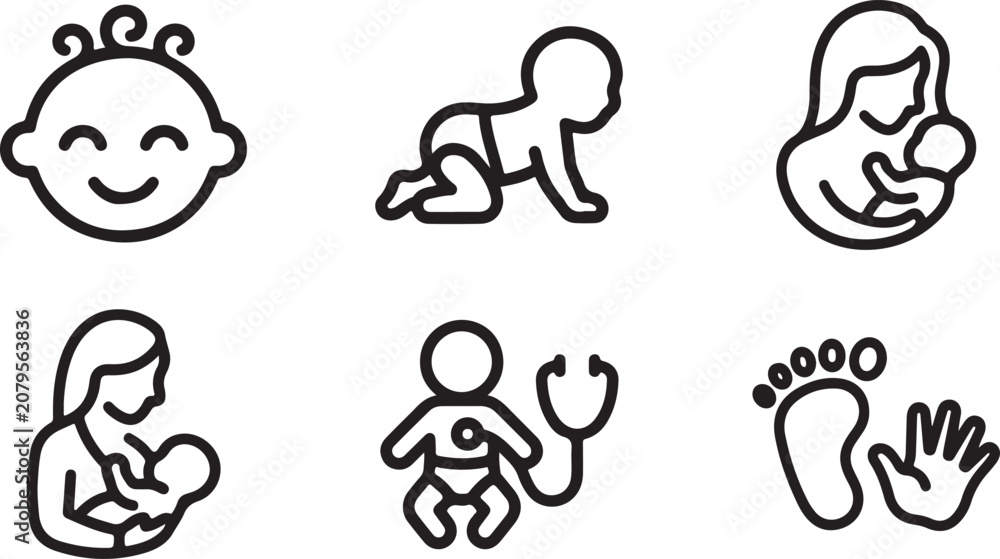 Obraz premium Set of black and white baby and motherhood line art icons for childcare and healthcare