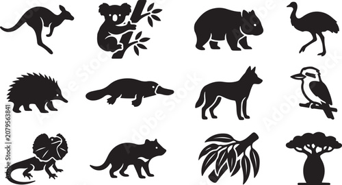 Foto Set of black silhouette icons of australian animals and wildlife