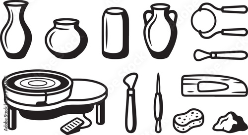 Bild auf Leinwand Pottery tools and ceramic equipment set with clay vases and spinning wheel illus