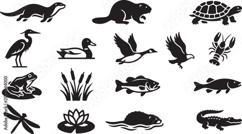 Tableau sur toile Set of black silhouette icons of wild animals and plants found in a river or pon