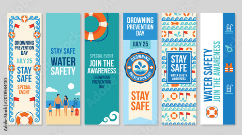 World Drowning Prevention Day vertical banner set, water safety awareness campaign templates, July 25 special event posters with lifebuoy and ocean waves