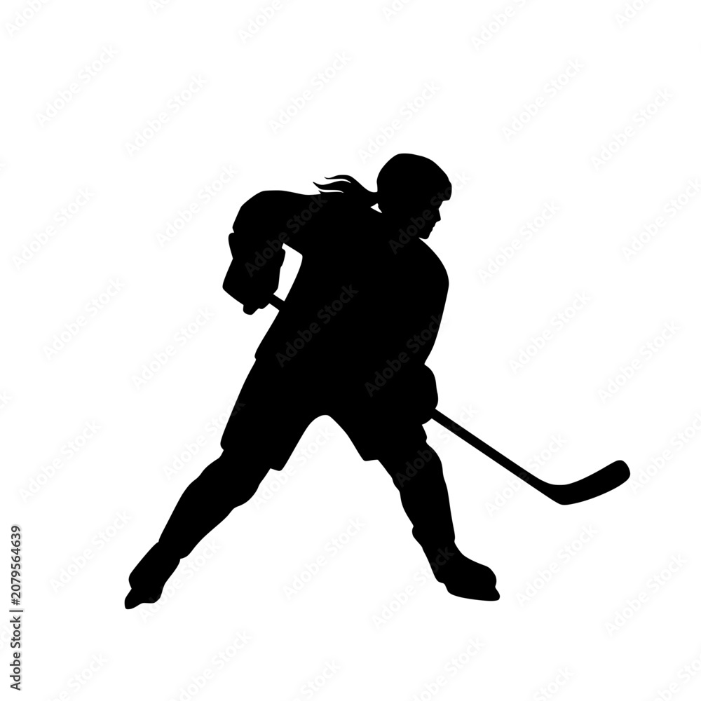 Fototapeta premium Silhouette of a female hockey player in action, skating and holding a stick
