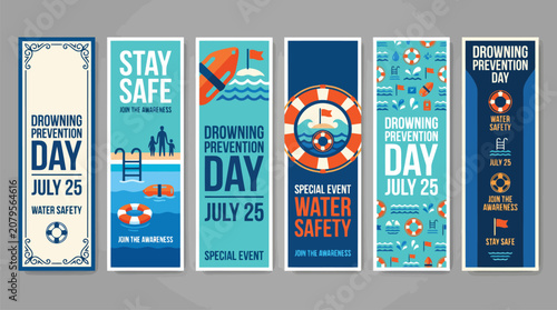 World Drowning Prevention Day banner set, water safety awareness vertical posters for July 25, flat vector collection with lifebuoys and pool icons