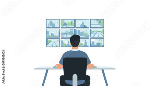 Man sitting at a desk monitoring multiple security surveillance screens displaying city views for safety and protection control systems.