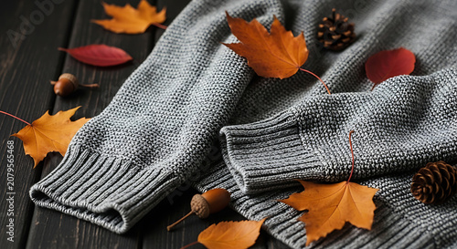 Close-up of a grey knitted sweater texture with scattered autumn leaves and pinecones on a dark wooden background, for a seasonal, aesthetic vibe