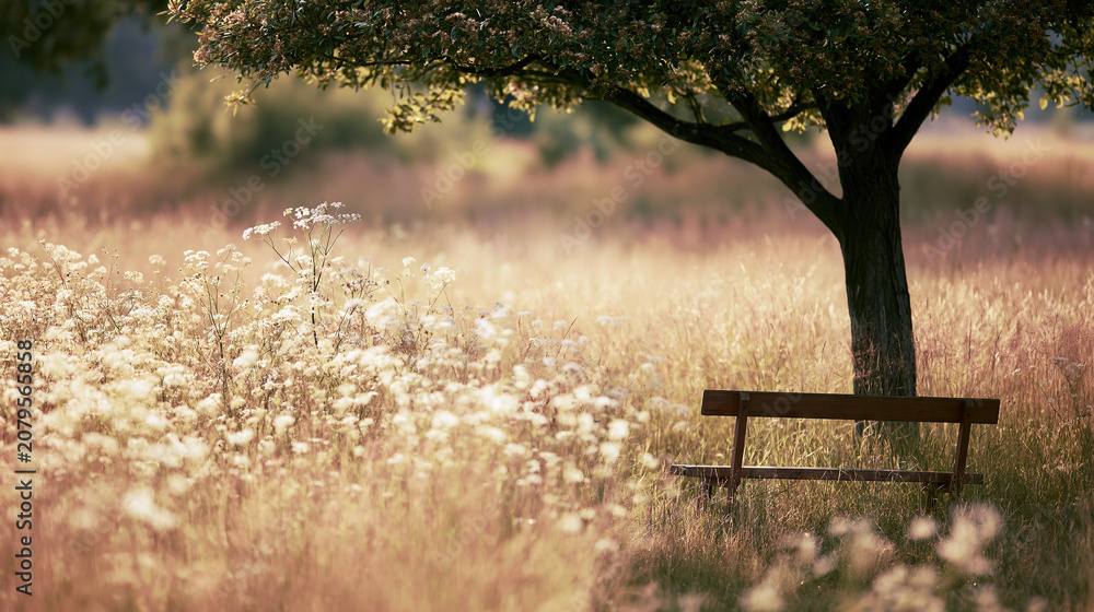 Obraz premium Tree with wooden bench in a wildflower field at sunset