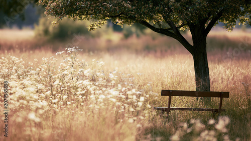 Tree with wooden bench in a wildflower field at sunset
