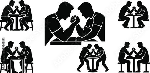 Arm wrestling silhouettes, strong men power competition, athletic rivals hand match, muscular opponents clash, black graphic icons